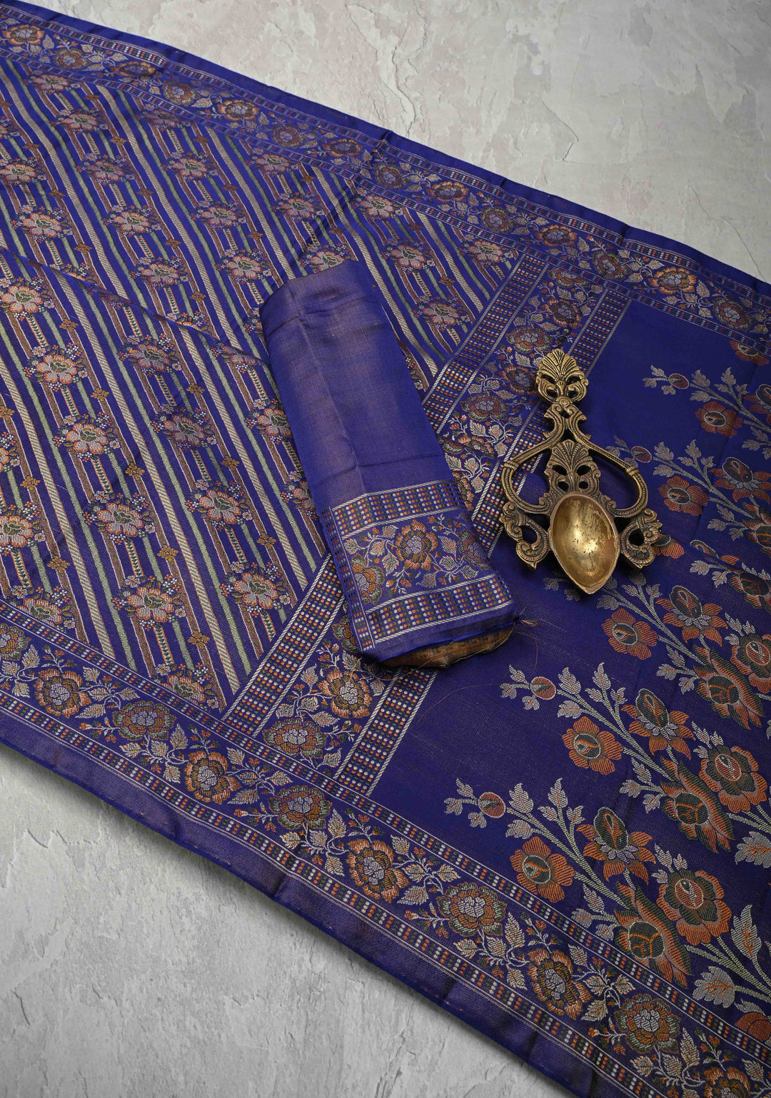 Tanchoi on Pure Banarasi Satin Silk in Blue with Floral Diagonal Stripes  | SILK MARK CERTIFIED