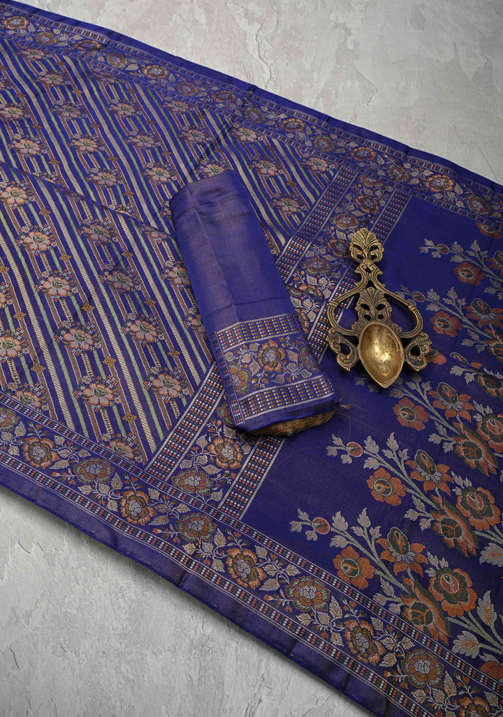 Tanchoi on Pure Banarasi Satin Silk in Blue with Floral Diagonal Stripes  | SILK MARK CERTIFIED