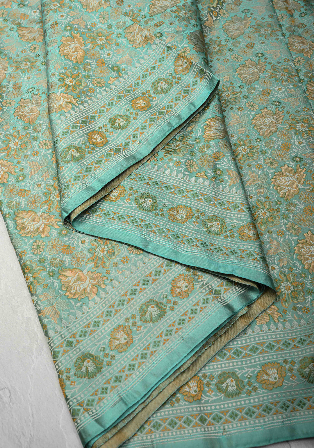 light cyan Tanchoi Banarasi Satin Silk Saree with Floral Brocade Jaal | SILK MARK CERTIFIED