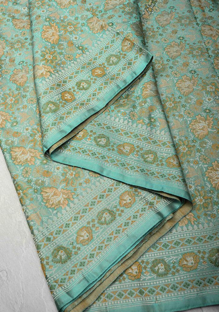 light cyan Tanchoi Banarasi Satin Silk Saree with Floral Brocade Jaal | SILK MARK CERTIFIED