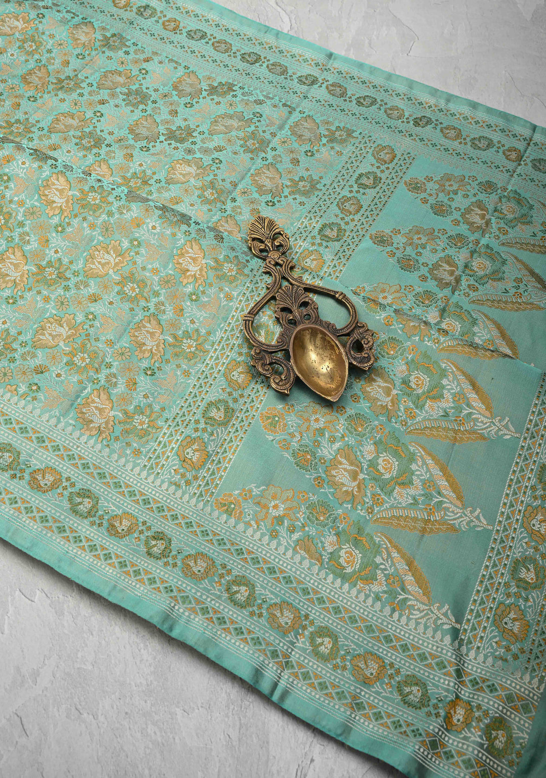 light cyan Tanchoi Banarasi Satin Silk Saree with Floral Brocade Jaal | SILK MARK CERTIFIED