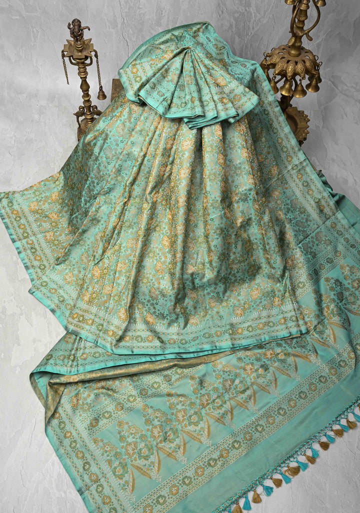 light cyan Tanchoi Banarasi Satin Silk Saree with Floral Brocade Jaal | SILK MARK CERTIFIED