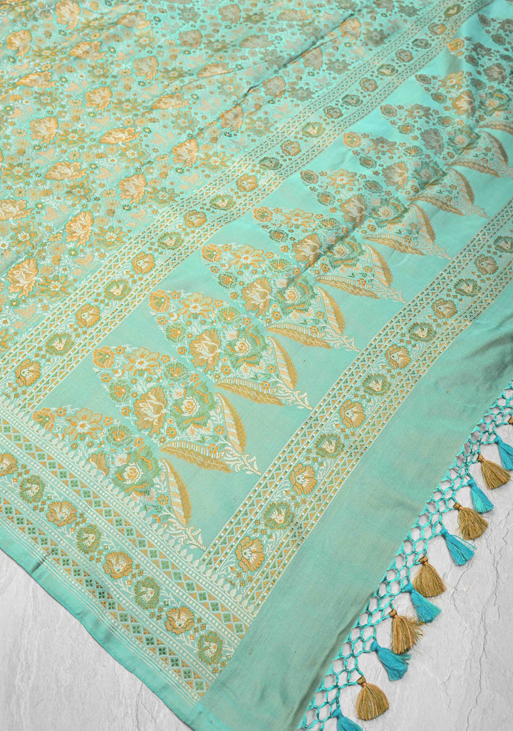 light cyan Tanchoi Banarasi Satin Silk Saree with Floral Brocade Jaal | SILK MARK CERTIFIED