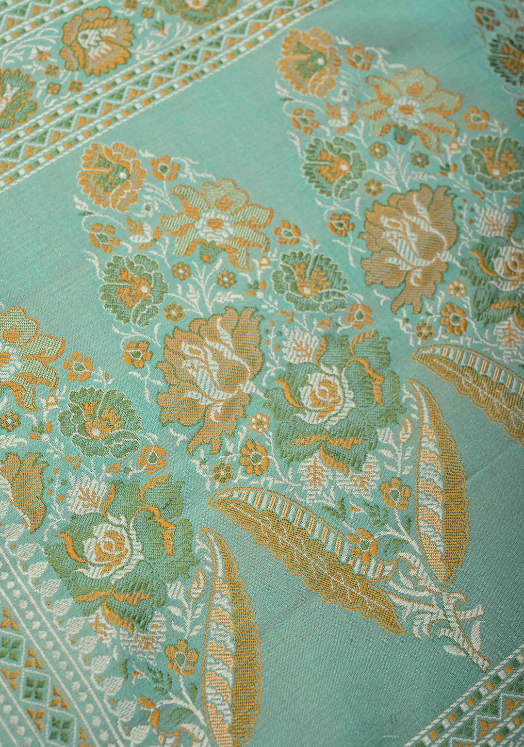 light cyan Tanchoi Banarasi Satin Silk Saree with Floral Brocade Jaal | SILK MARK CERTIFIED