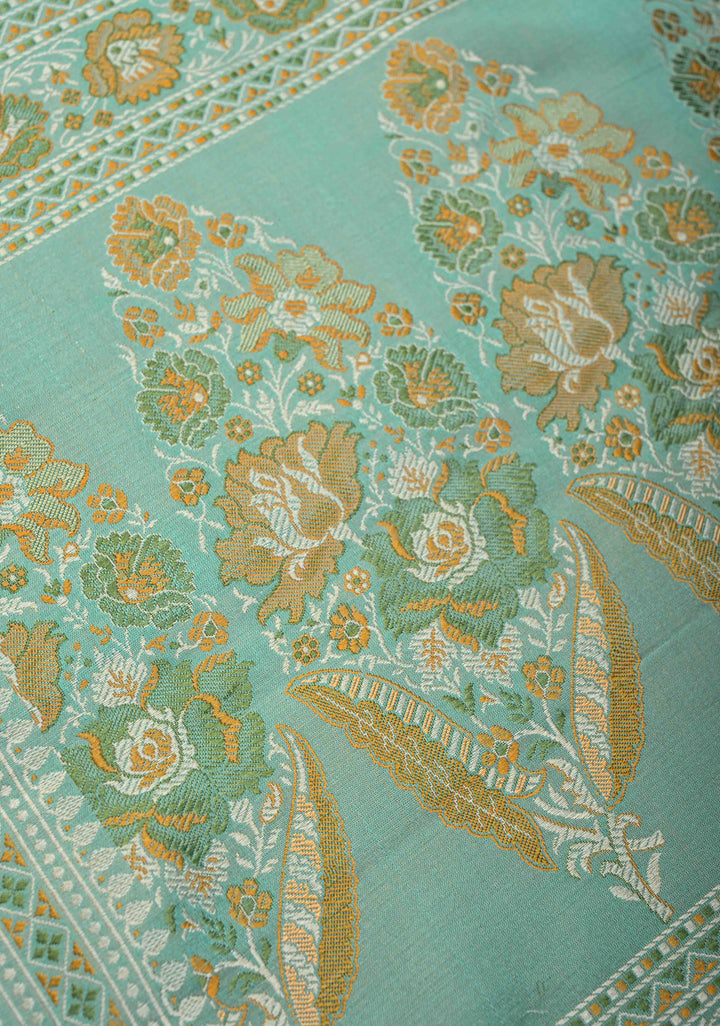 light cyan Tanchoi Banarasi Satin Silk Saree with Floral Brocade Jaal | SILK MARK CERTIFIED