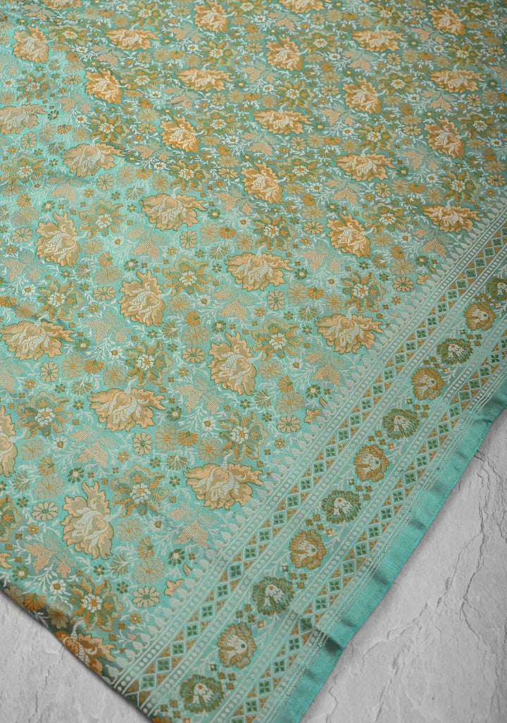 light cyan Tanchoi Banarasi Satin Silk Saree with Floral Brocade Jaal | SILK MARK CERTIFIED