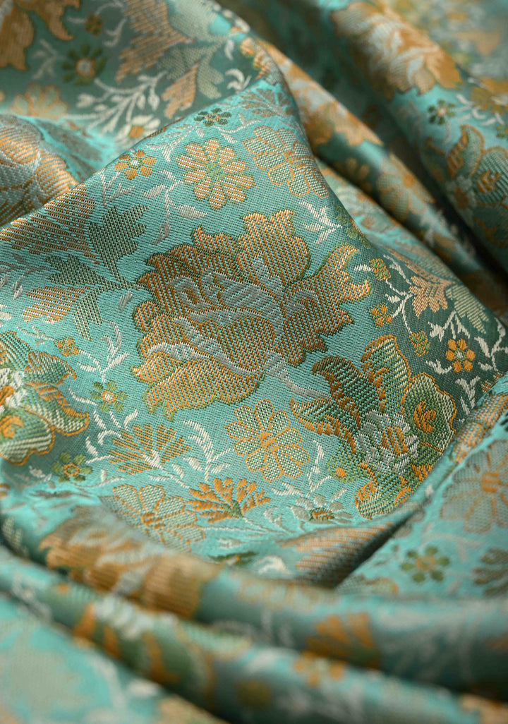 light cyan Tanchoi Banarasi Satin Silk Saree with Floral Brocade Jaal | SILK MARK CERTIFIED