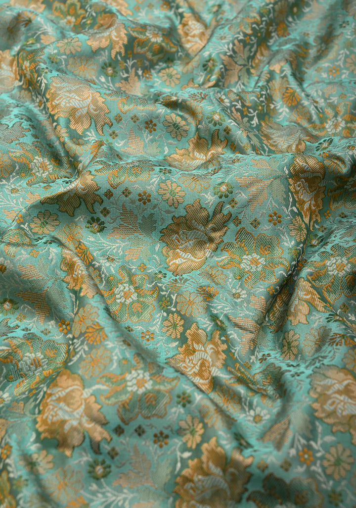 light cyan Tanchoi Banarasi Satin Silk Saree with Floral Brocade Jaal | SILK MARK CERTIFIED
