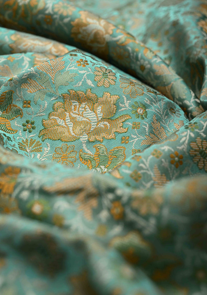 light cyan Tanchoi Banarasi Satin Silk Saree with Floral Brocade Jaal | SILK MARK CERTIFIED