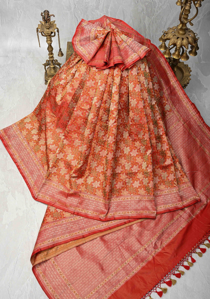 Red Tanchoi Banarasi Satin Silk Saree with Floral Brocade Jaal | SILK MARK CERTIFIED