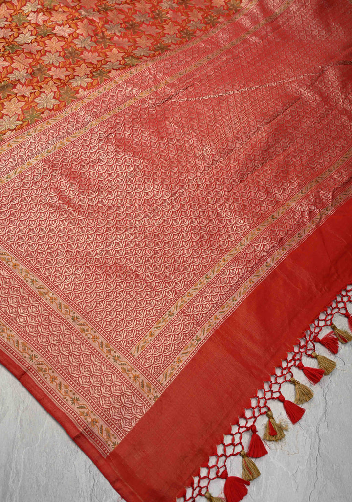 Red Tanchoi Banarasi Satin Silk Saree with Floral Brocade Jaal | SILK MARK CERTIFIED