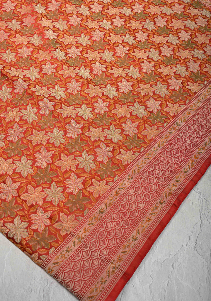 Red Tanchoi Banarasi Satin Silk Saree with Floral Brocade Jaal | SILK MARK CERTIFIED