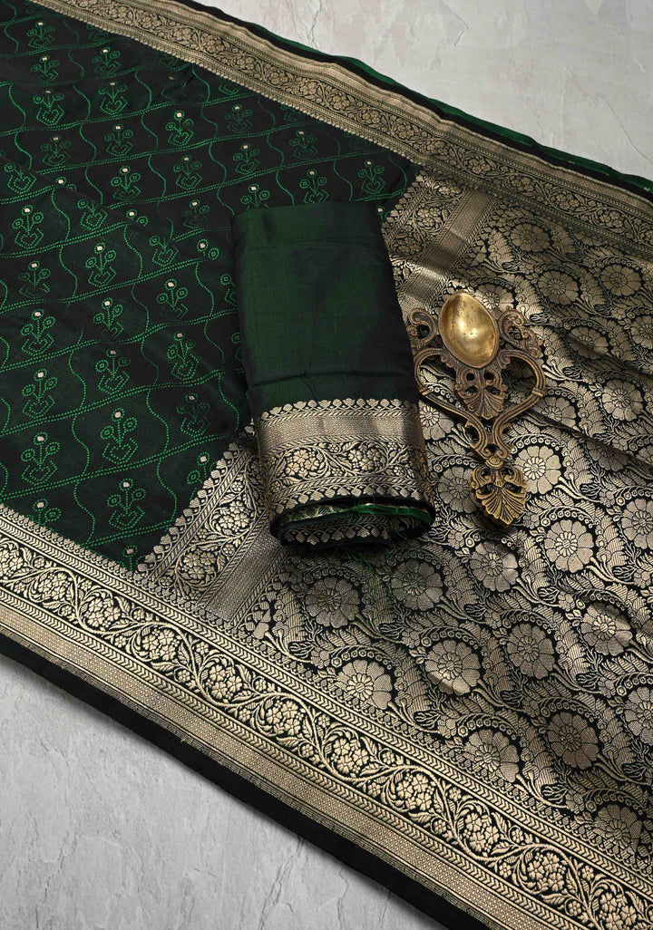 Green Black Tanchoi Saree with Zari Border | SILK MARK CERTIFIED