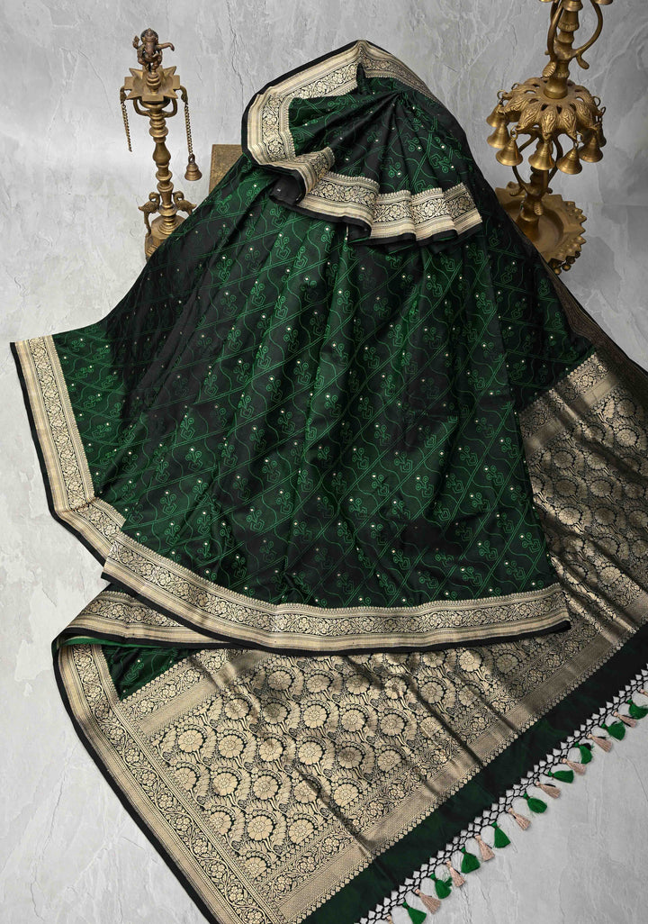 Green Black Tanchoi Saree with Zari Border | SILK MARK CERTIFIED