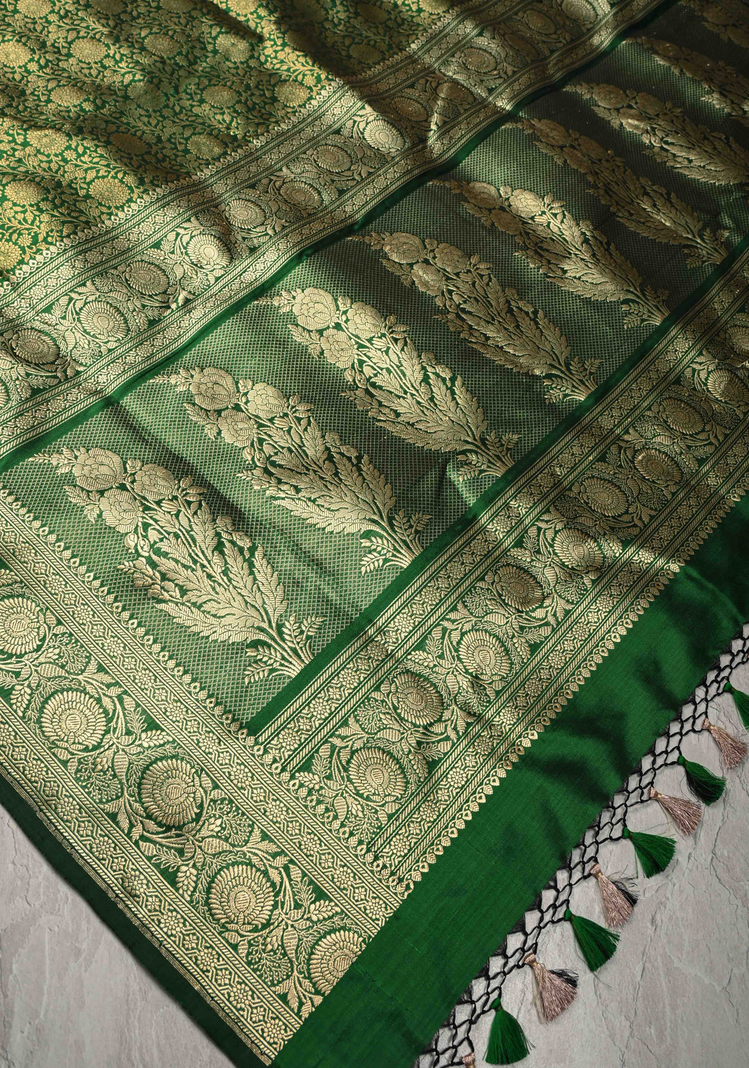 Green Pure Banarasi Katan Silk Saree with Floral Brocade Jaal and Zari Border | SILK MARK CERTIFIED