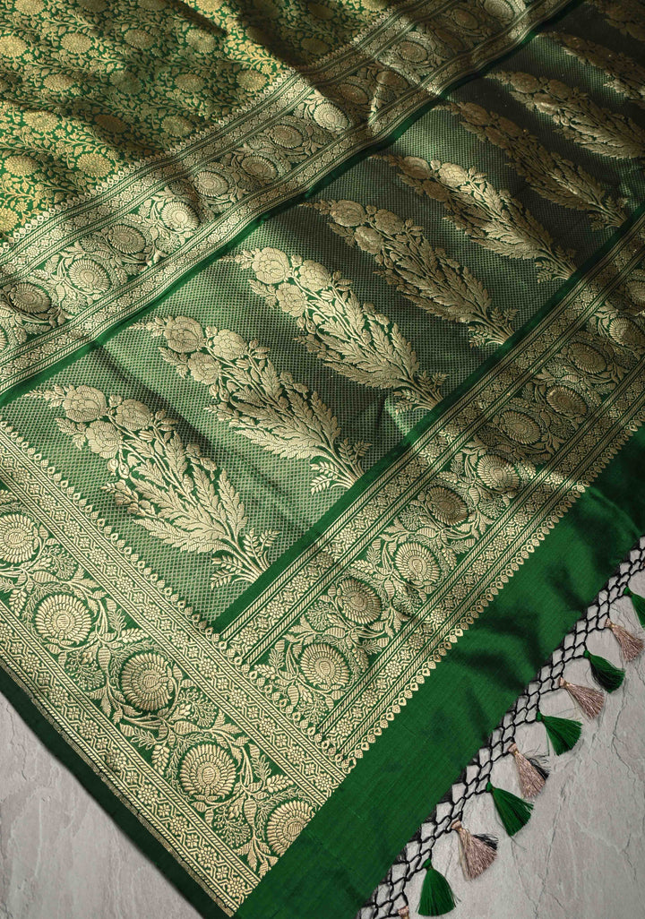 Green Pure Banarasi Katan Silk Saree with Floral Brocade Jaal and Zari Border | SILK MARK CERTIFIED