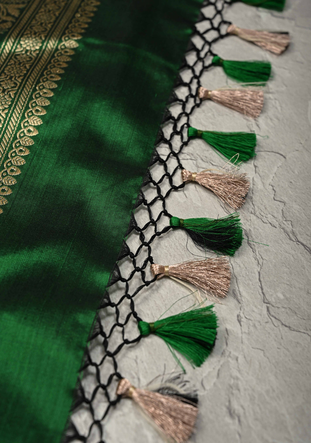 Green Pure Banarasi Katan Silk Saree with Floral Brocade Jaal and Zari Border | SILK MARK CERTIFIED