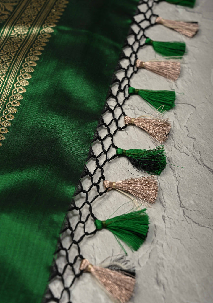 Green Pure Banarasi Katan Silk Saree with Floral Brocade Jaal and Zari Border | SILK MARK CERTIFIED