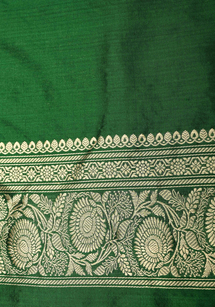 Green Pure Banarasi Katan Silk Saree with Floral Brocade Jaal and Zari Border | SILK MARK CERTIFIED