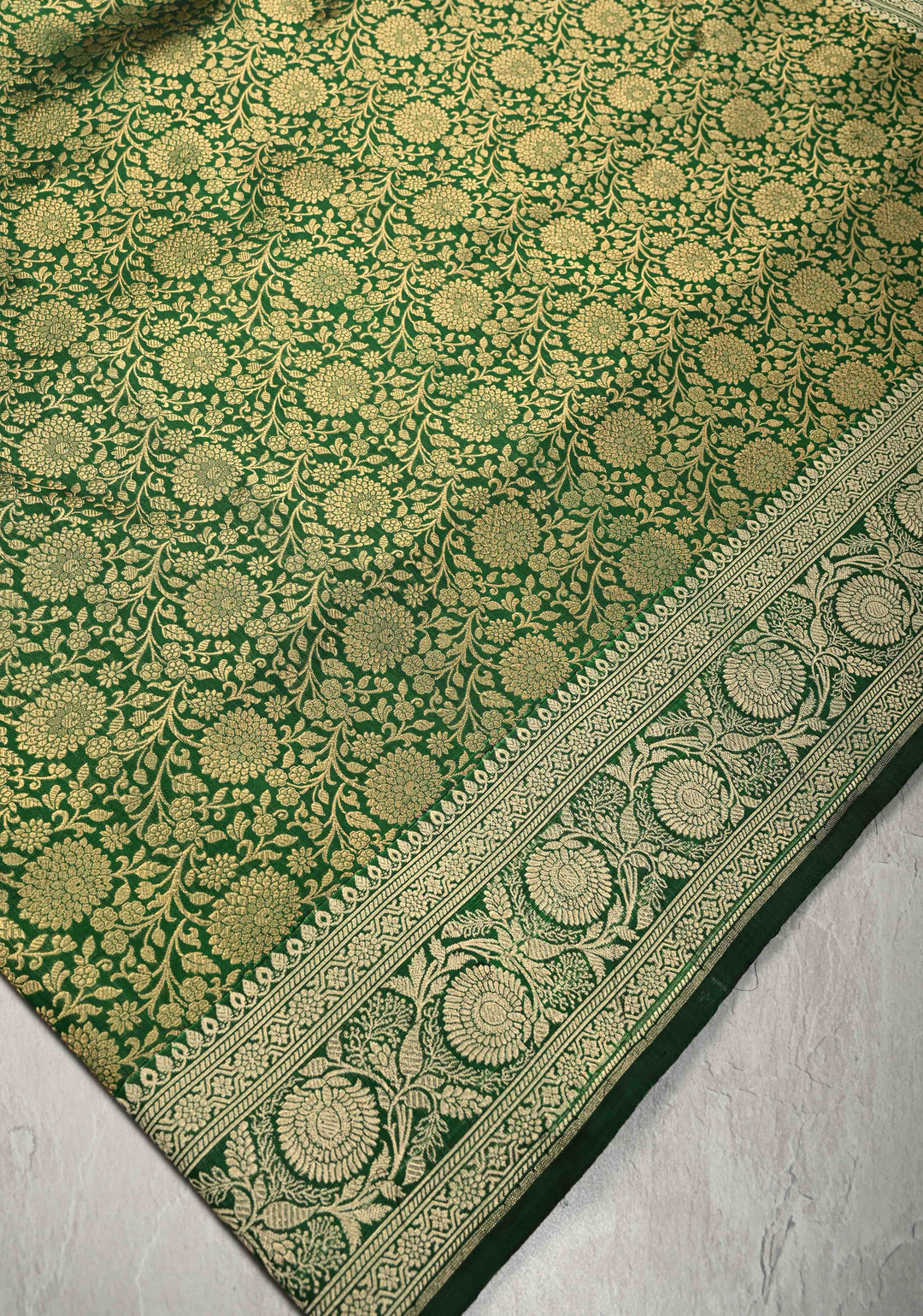 Green Pure Banarasi Katan Silk Saree with Floral Brocade Jaal and Zari Border | SILK MARK CERTIFIED