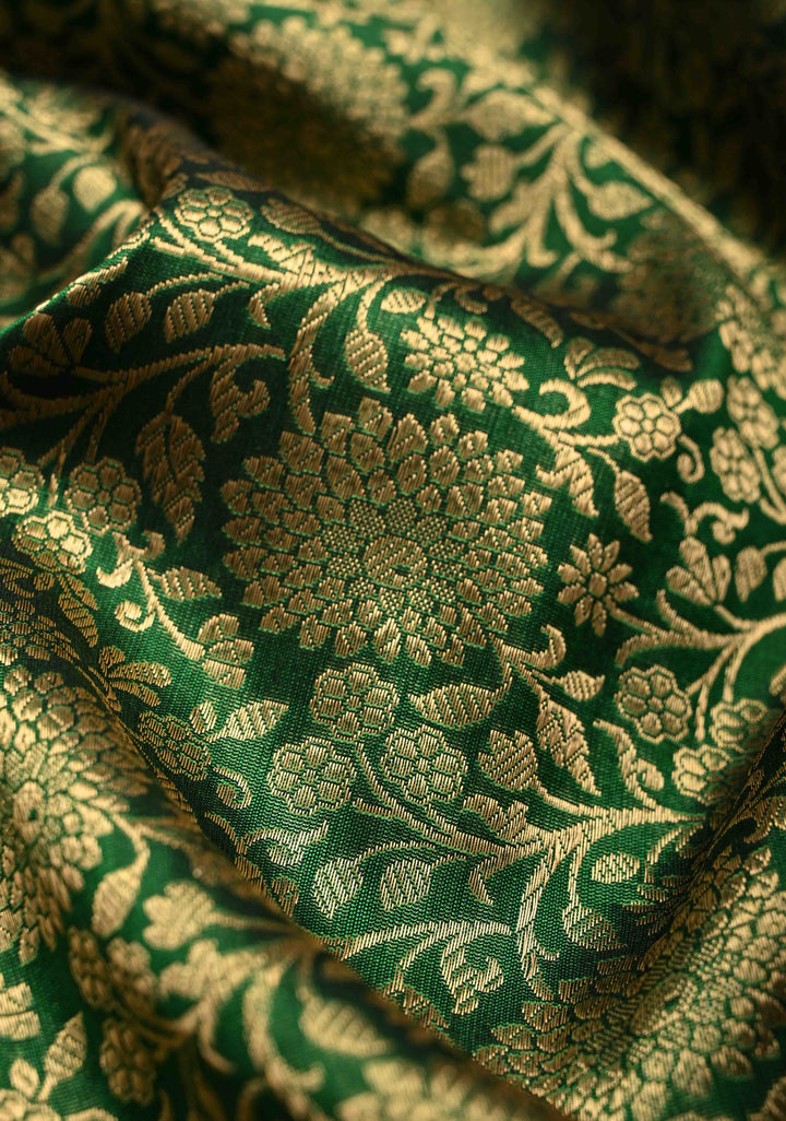 Green Pure Banarasi Katan Silk Saree with Floral Brocade Jaal and Zari Border | SILK MARK CERTIFIED