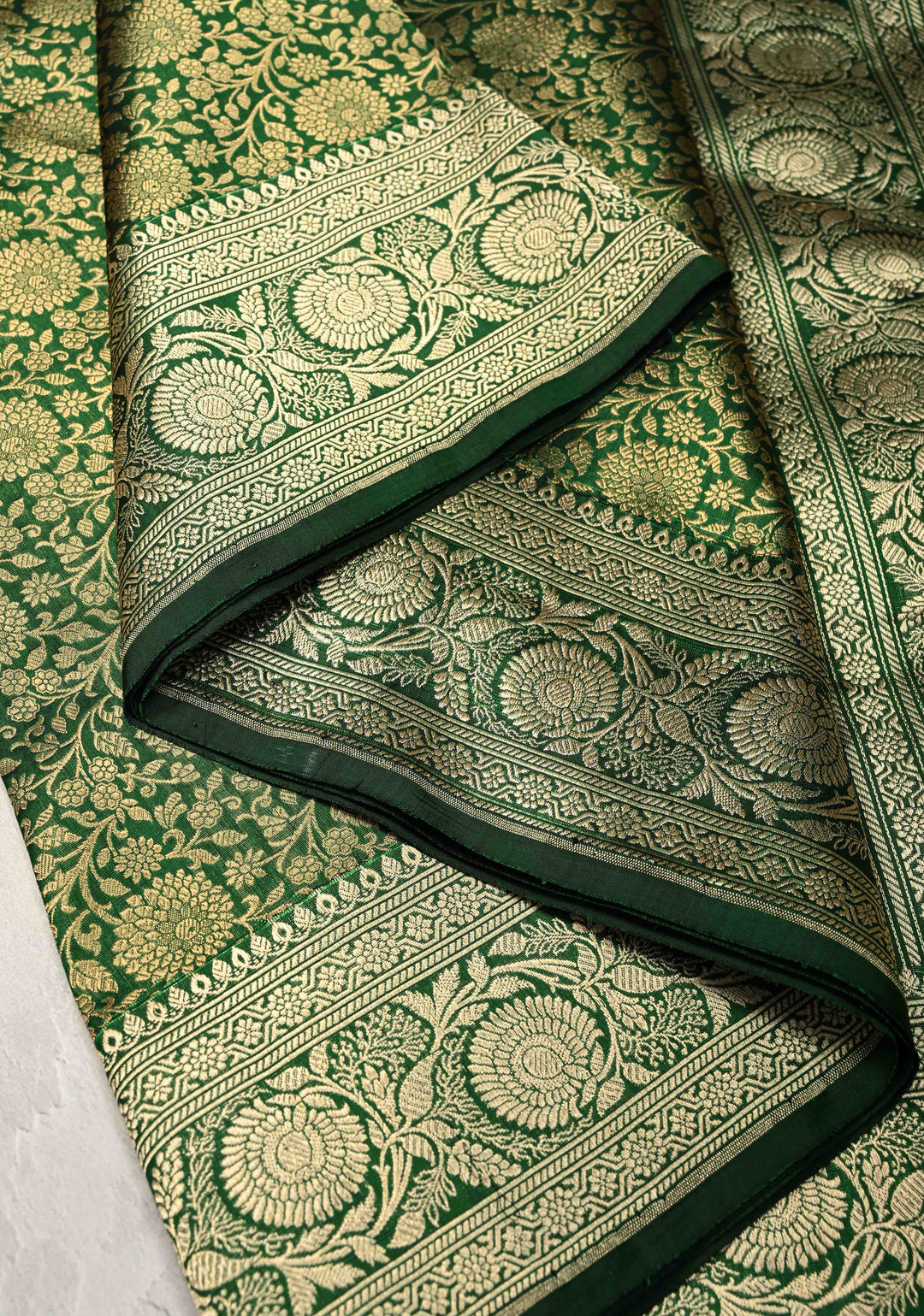 Green Pure Banarasi Katan Silk Saree with Floral Brocade Jaal and Zari Border | SILK MARK CERTIFIED