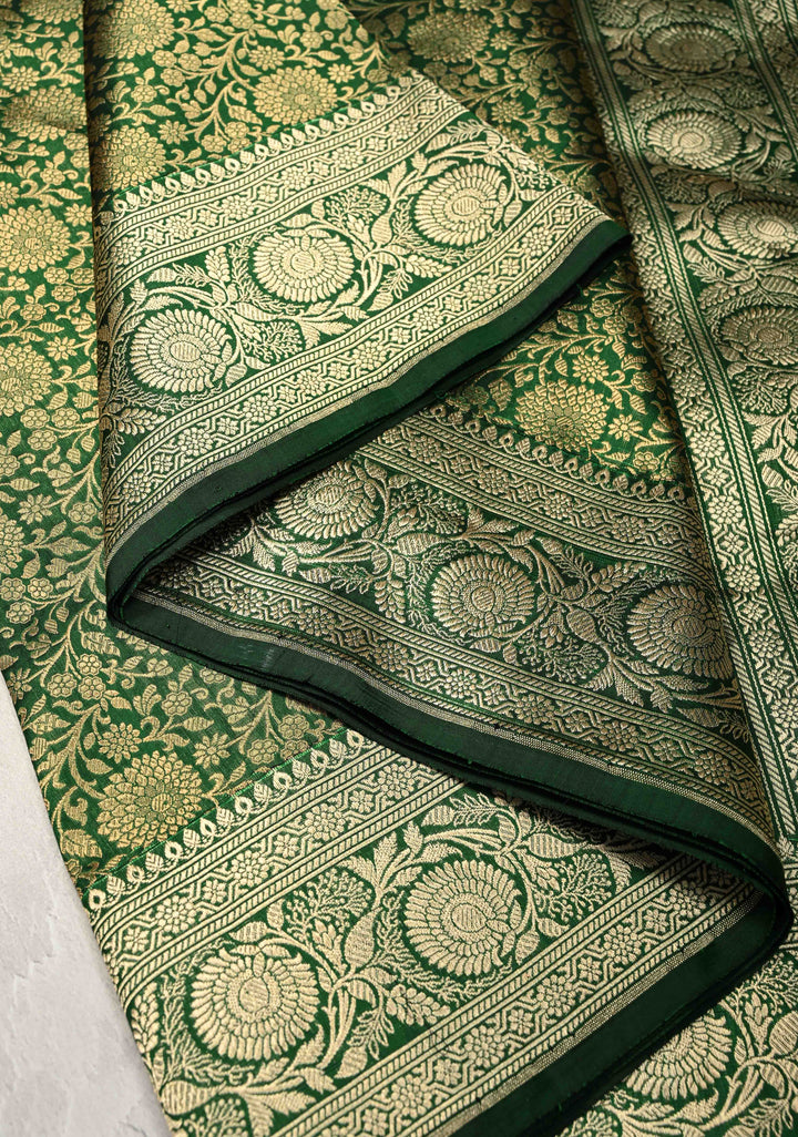Green Pure Banarasi Katan Silk Saree with Floral Brocade Jaal and Zari Border | SILK MARK CERTIFIED