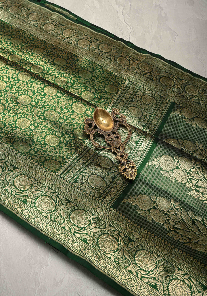 Green Pure Banarasi Katan Silk Saree with Floral Brocade Jaal and Zari Border | SILK MARK CERTIFIED