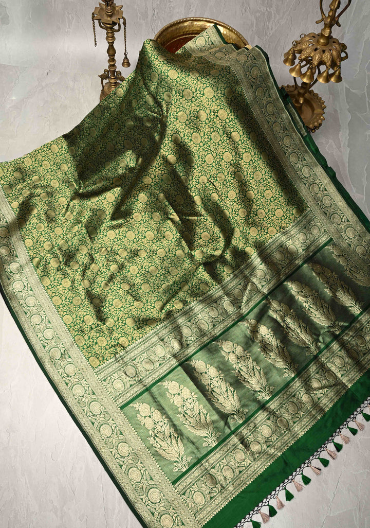 Green Pure Banarasi Katan Silk Saree with Floral Brocade Jaal and Zari Border | SILK MARK CERTIFIED