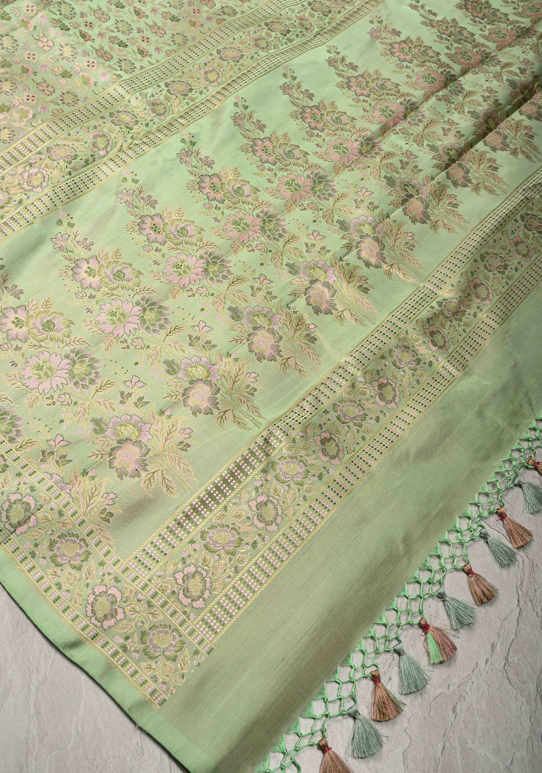 Pista Green Tanchoi Banarasi Saree in Pure Silk Satin and Meenakari Floral Brocade and Border | SILK MARK CERTIFIED