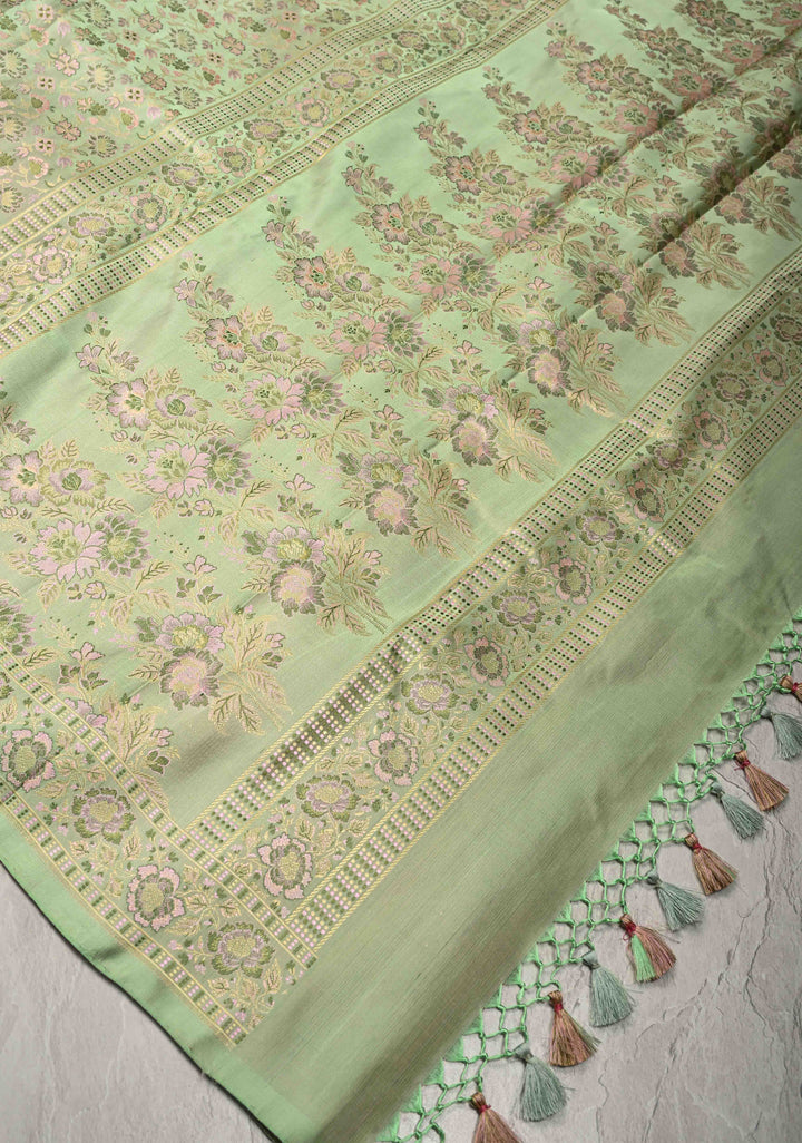 Pista Green Tanchoi Banarasi Saree in Pure Silk Satin and Meenakari Floral Brocade and Border | SILK MARK CERTIFIED