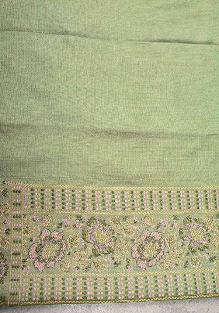 Pista Green Tanchoi Banarasi Saree in Pure Silk Satin and Meenakari Floral Brocade and Border | SILK MARK CERTIFIED