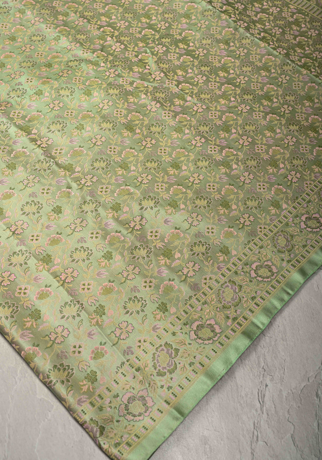 Pista Green Tanchoi Banarasi Saree in Pure Silk Satin and Meenakari Floral Brocade and Border | SILK MARK CERTIFIED