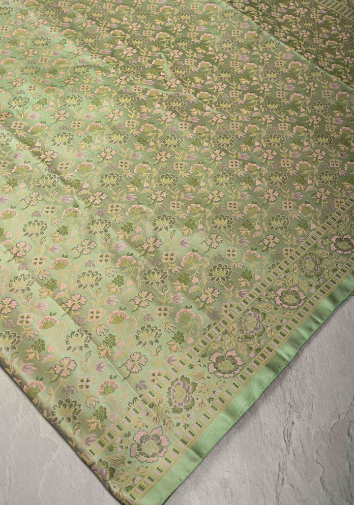 Pista Green Tanchoi Banarasi Saree in Pure Silk Satin and Meenakari Floral Brocade and Border | SILK MARK CERTIFIED
