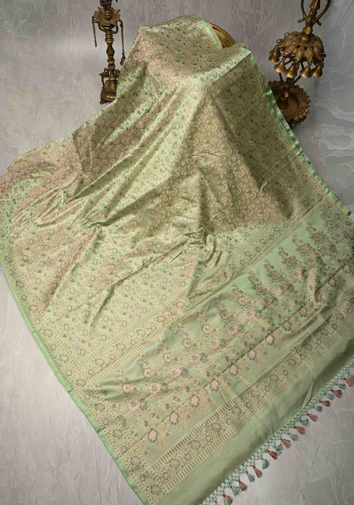 Pista Green Tanchoi Banarasi Saree in Pure Silk Satin and Meenakari Floral Brocade and Border | SILK MARK CERTIFIED