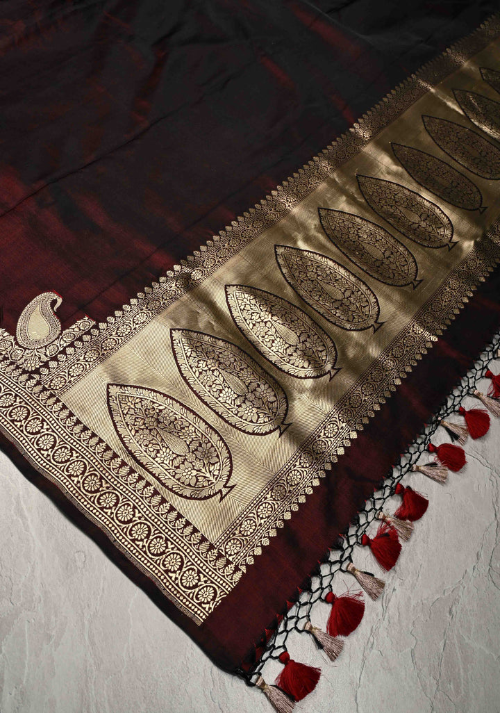 Dark Maroon Mashru Silk Saree with Koniya Motif and Zari Border | SILK MARK CERTIFIED