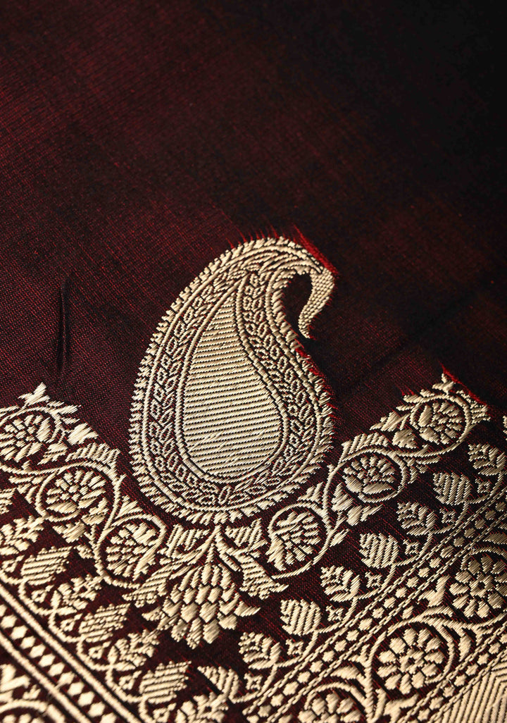 Dark Maroon Mashru Silk Saree with Koniya Motif and Zari Border | SILK MARK CERTIFIED