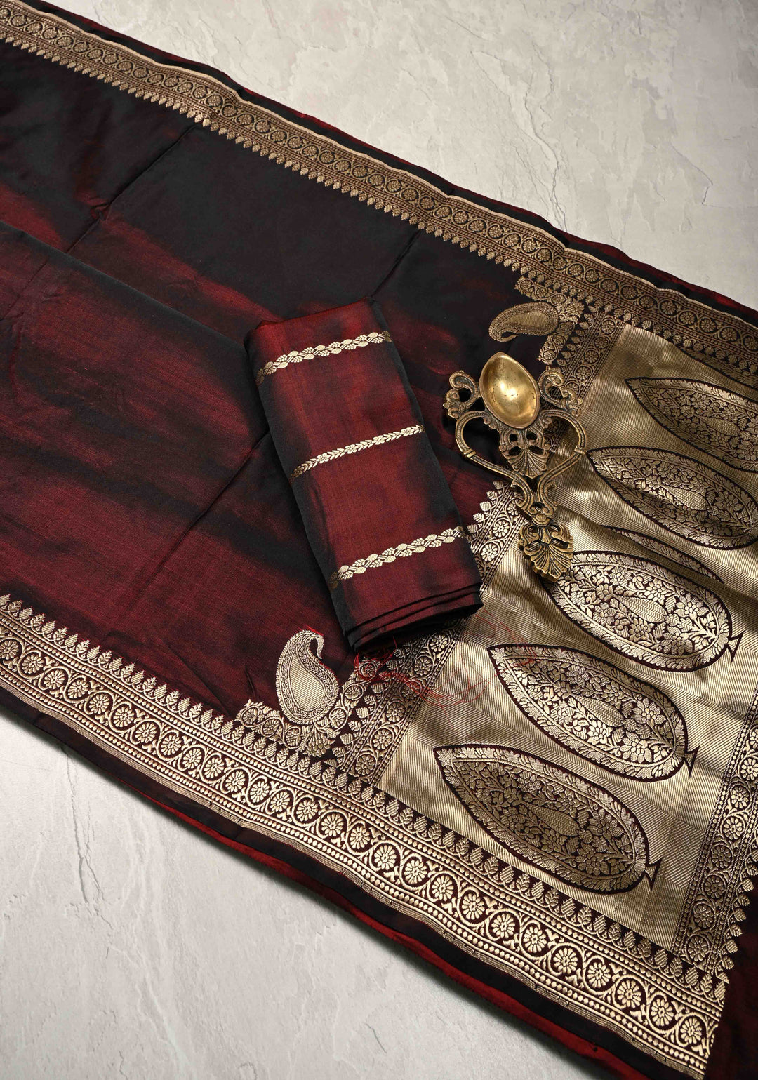 Dark Maroon Mashru Silk Saree with Koniya Motif and Zari Border | SILK MARK CERTIFIED