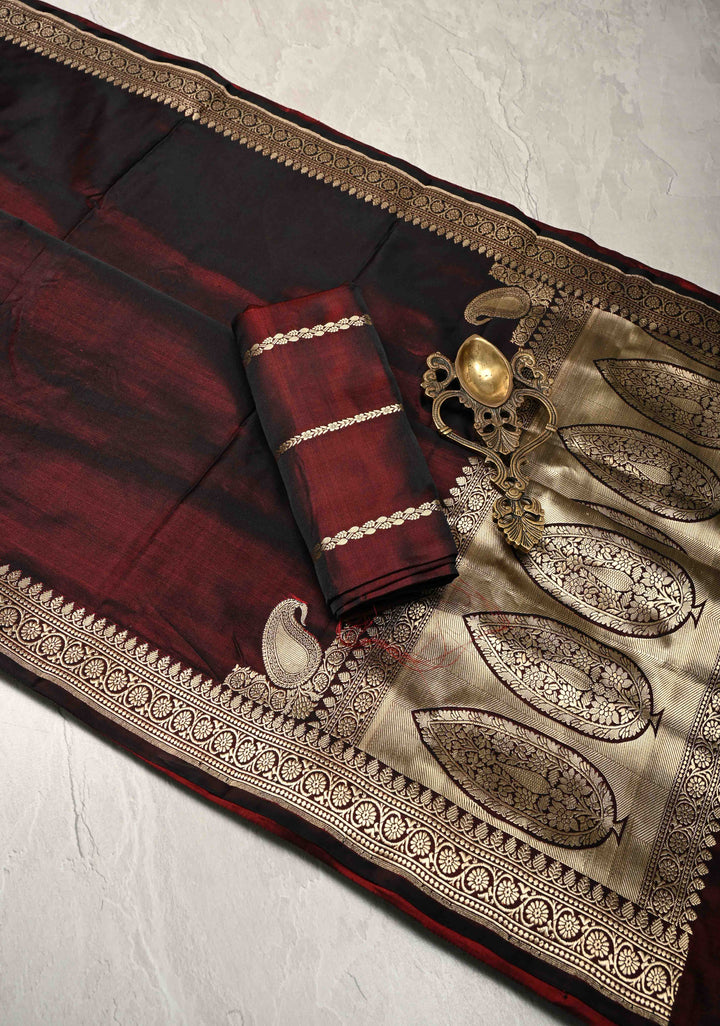 Dark Maroon Mashru Silk Saree with Koniya Motif and Zari Border | SILK MARK CERTIFIED