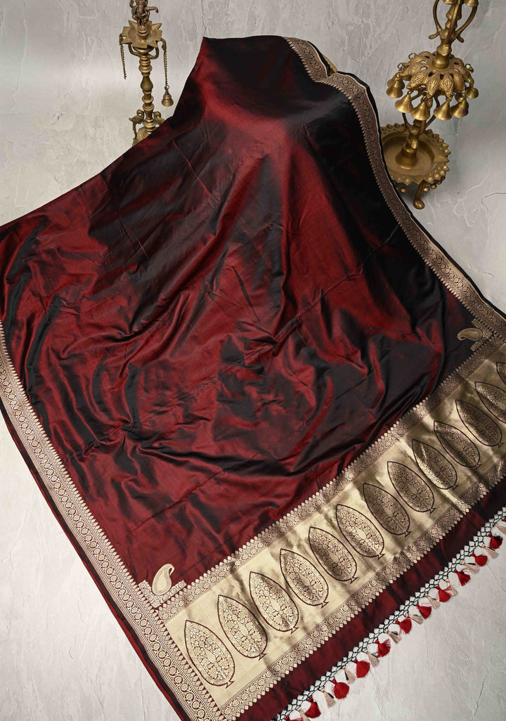 Dark Maroon Mashru Silk Saree with Koniya Motif and Zari Border | SILK MARK CERTIFIED