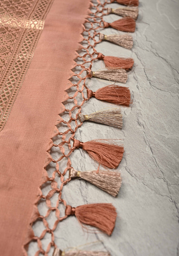 Dusty Rose Tanchoi Banarasi Satin Silk Saree with Brocade and Contrast Zari Border| SILK MARK CERTIFIED