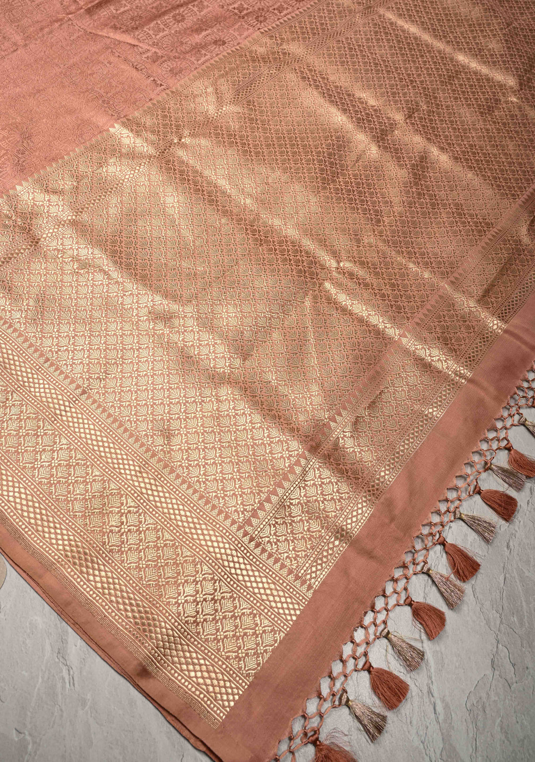Dusty Rose Tanchoi Banarasi Satin Silk Saree with Brocade and Contrast Zari Border| SILK MARK CERTIFIED