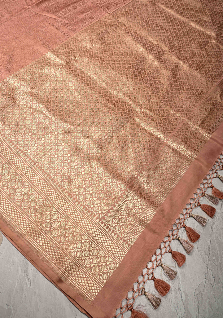 Dusty Rose Tanchoi Banarasi Satin Silk Saree with Brocade and Contrast Zari Border| SILK MARK CERTIFIED