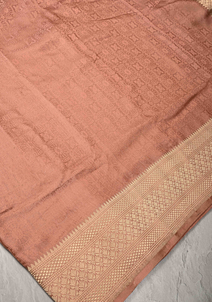 Dusty Rose Tanchoi Banarasi Satin Silk Saree with Brocade and Contrast Zari Border| SILK MARK CERTIFIED