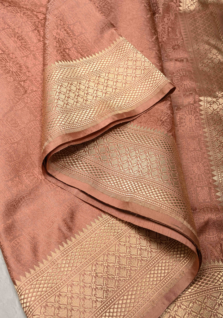 Dusty Rose Tanchoi Banarasi Satin Silk Saree with Brocade and Contrast Zari Border| SILK MARK CERTIFIED