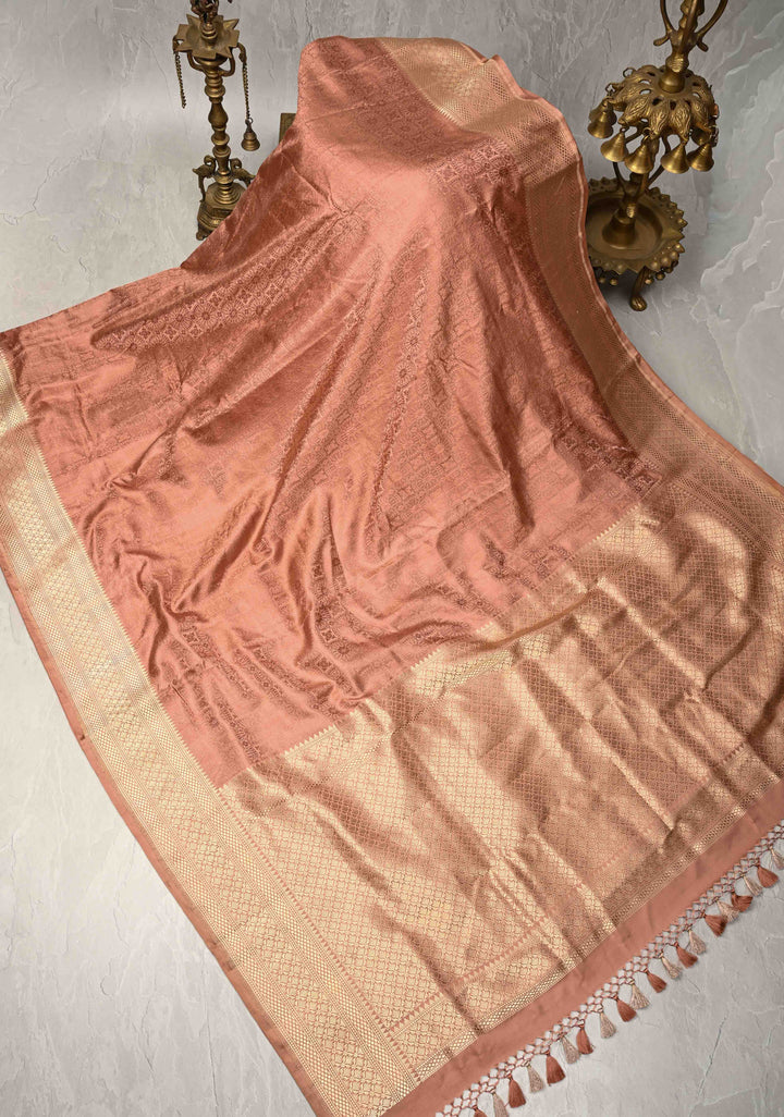 Dusty Rose Tanchoi Banarasi Satin Silk Saree with Brocade and Contrast Zari Border| SILK MARK CERTIFIED