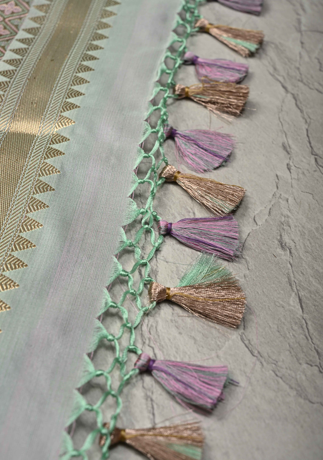 Sage Green Tanchoi Banarasi Saree in Pure Silk Satin and Meenakari Floral Brocade and Minimal Zari Border | SILK MARK CERTIFIED