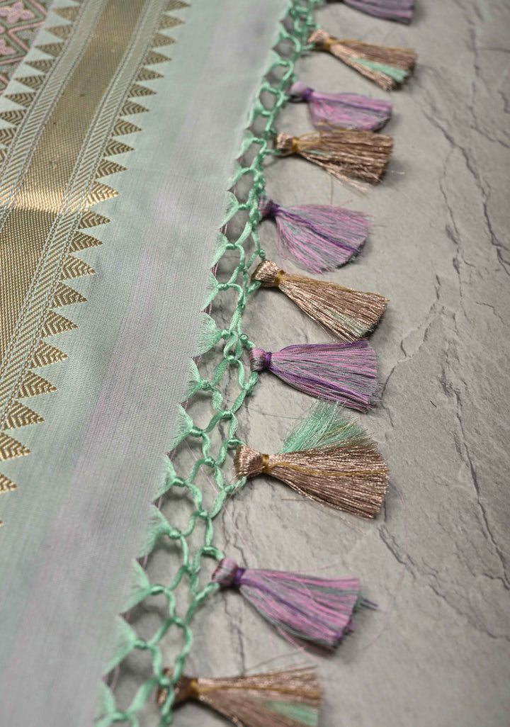 Sage Green Tanchoi Banarasi Saree in Pure Silk Satin and Meenakari Floral Brocade and Minimal Zari Border | SILK MARK CERTIFIED