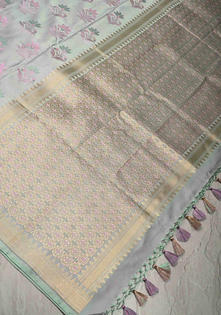 Sage Green Tanchoi Banarasi Saree in Pure Silk Satin and Meenakari Floral Brocade and Minimal Zari Border | SILK MARK CERTIFIED