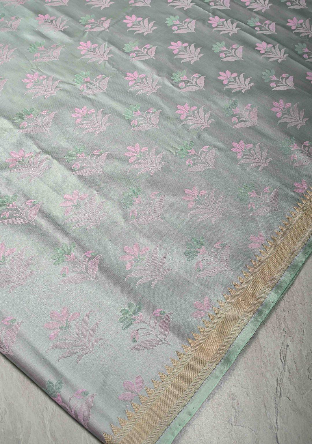 Sage Green Tanchoi Banarasi Saree in Pure Silk Satin and Meenakari Floral Brocade and Minimal Zari Border | SILK MARK CERTIFIED